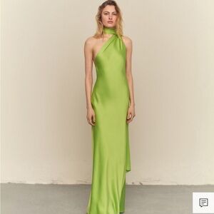 Mango Capsule Collection- Green Asymmetrical neck dress with bow